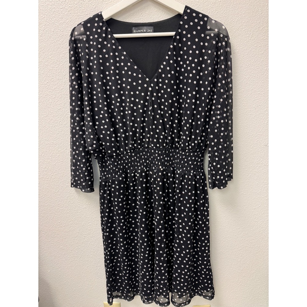 Harper‎ 241 Dress Black White Polka Dot Sheer Sleeve Elastic Waist V Neck